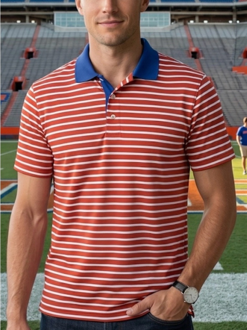 RLX Ralph Lauren Orange White Striped Polo Shirt S Contrast Collar Blue